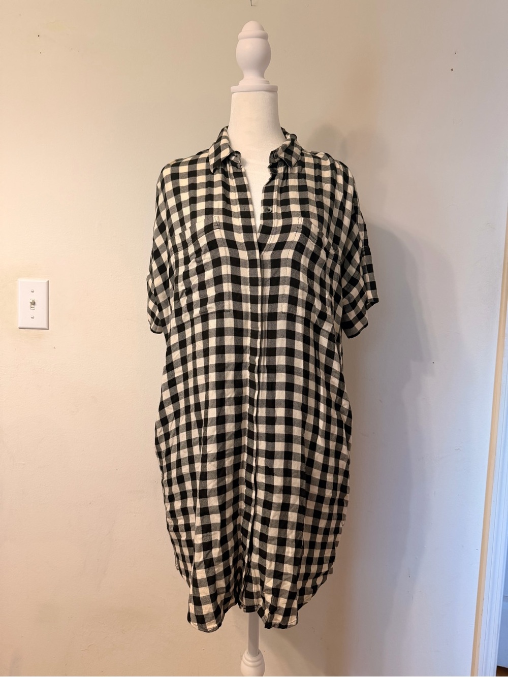 Madewell Black & White Gingham Button-Up Tunic Dress with Pockets